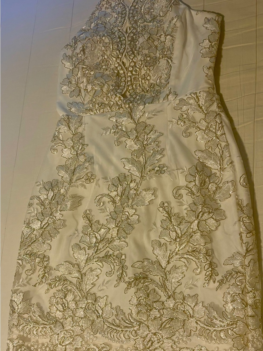 Luxxel Halter style mini White Dress with Gold Floral Embroidery